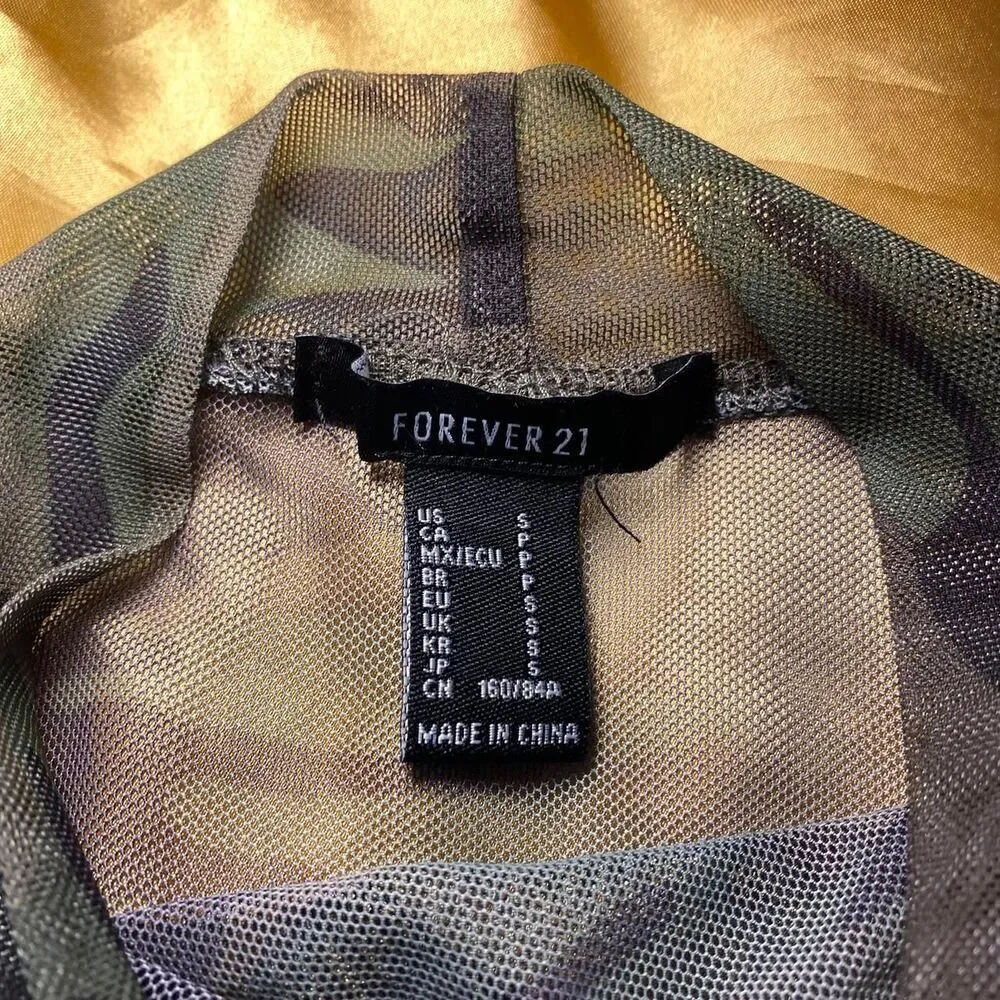 Forever 21 Camo Long Sleeve Mesh Crop Top w/ Adjustable Side Drawstrings - Picture 3 of 5